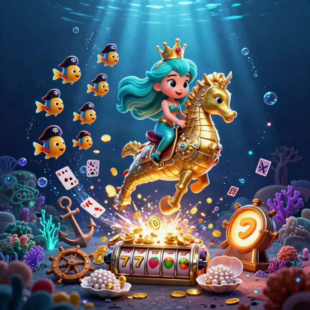 Mermaid princess rides armored seahorse in a glowing treasure cove with pirate fish, reels, coins, and bubbles.
