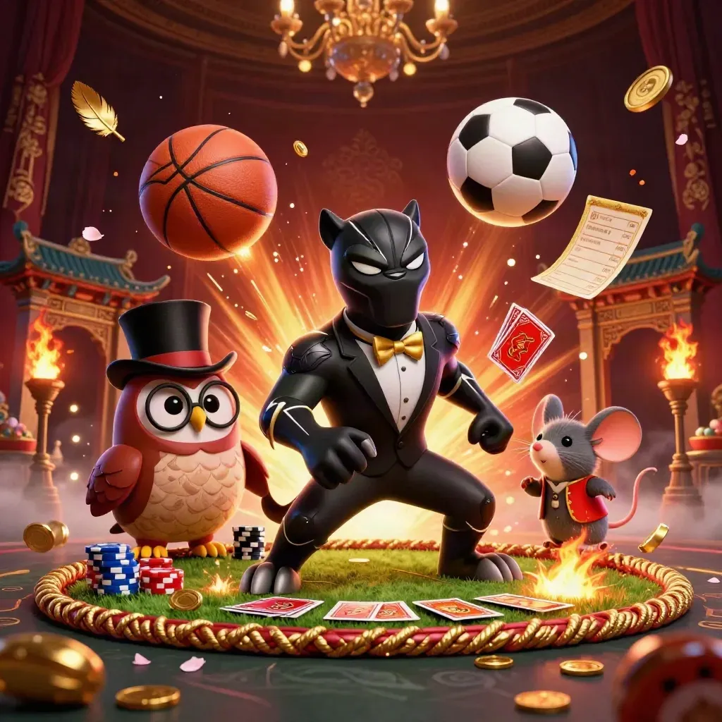 Panther, owl, and mouse amid flying balls, chips, and gold in a luxe casino-sports burst.