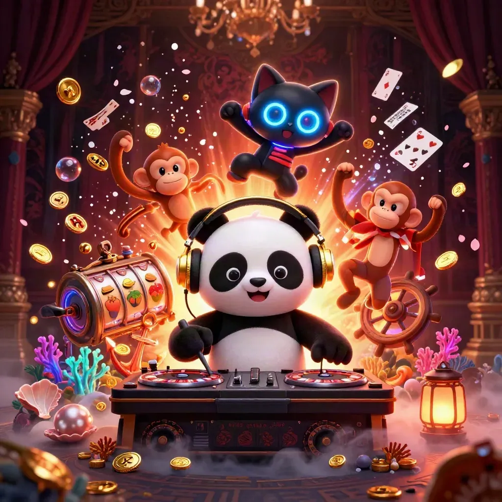 DJ panda, breakdancing monkey, and glow-stick kitten amid treasure cove casino chaos