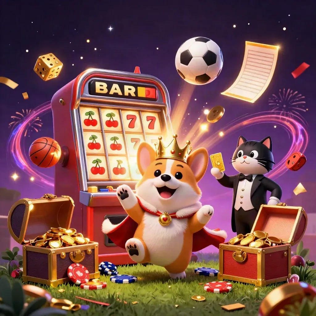 Royal corgi and cat butler amid exploding slot machine, gold dice, and a flying soccer ball.