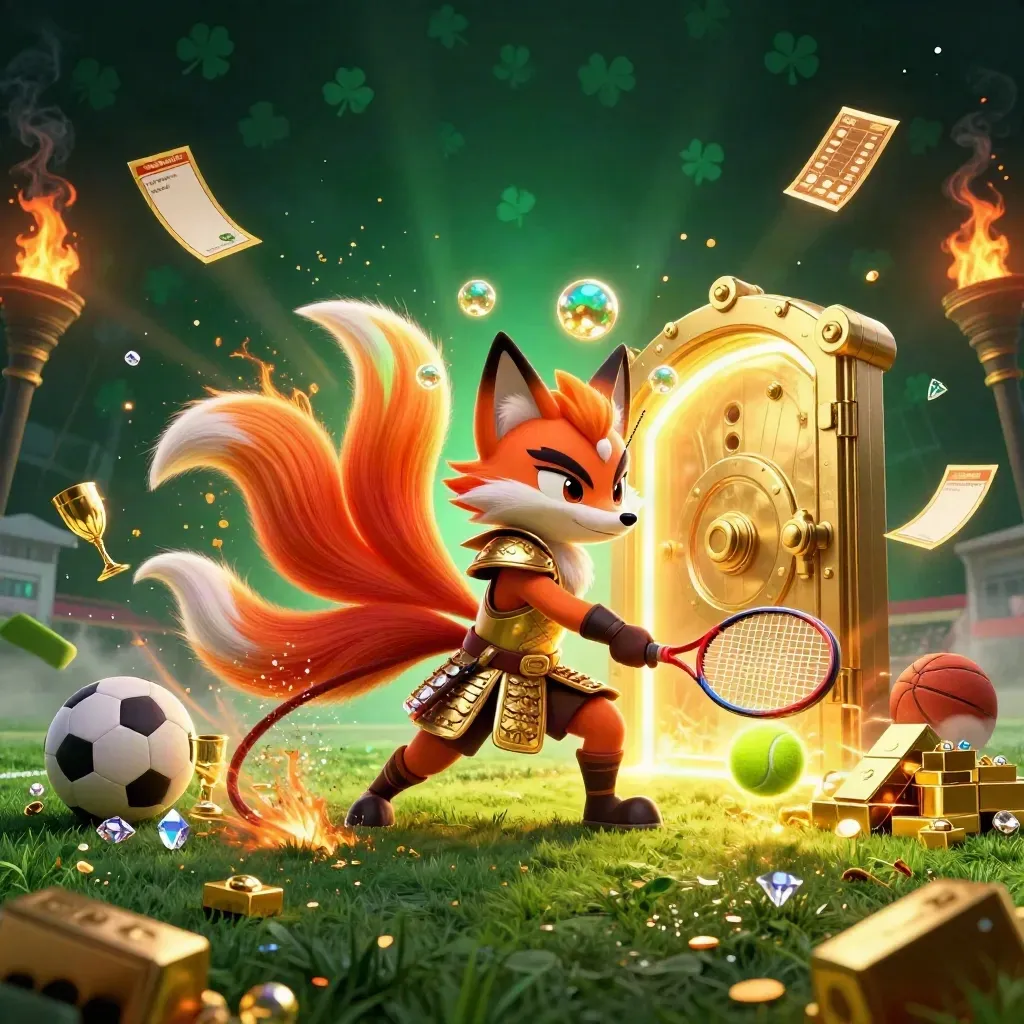 Fox spirit, samurai mouse, and vault-light chaos with tennis ball, gold, and casino sparkle.
