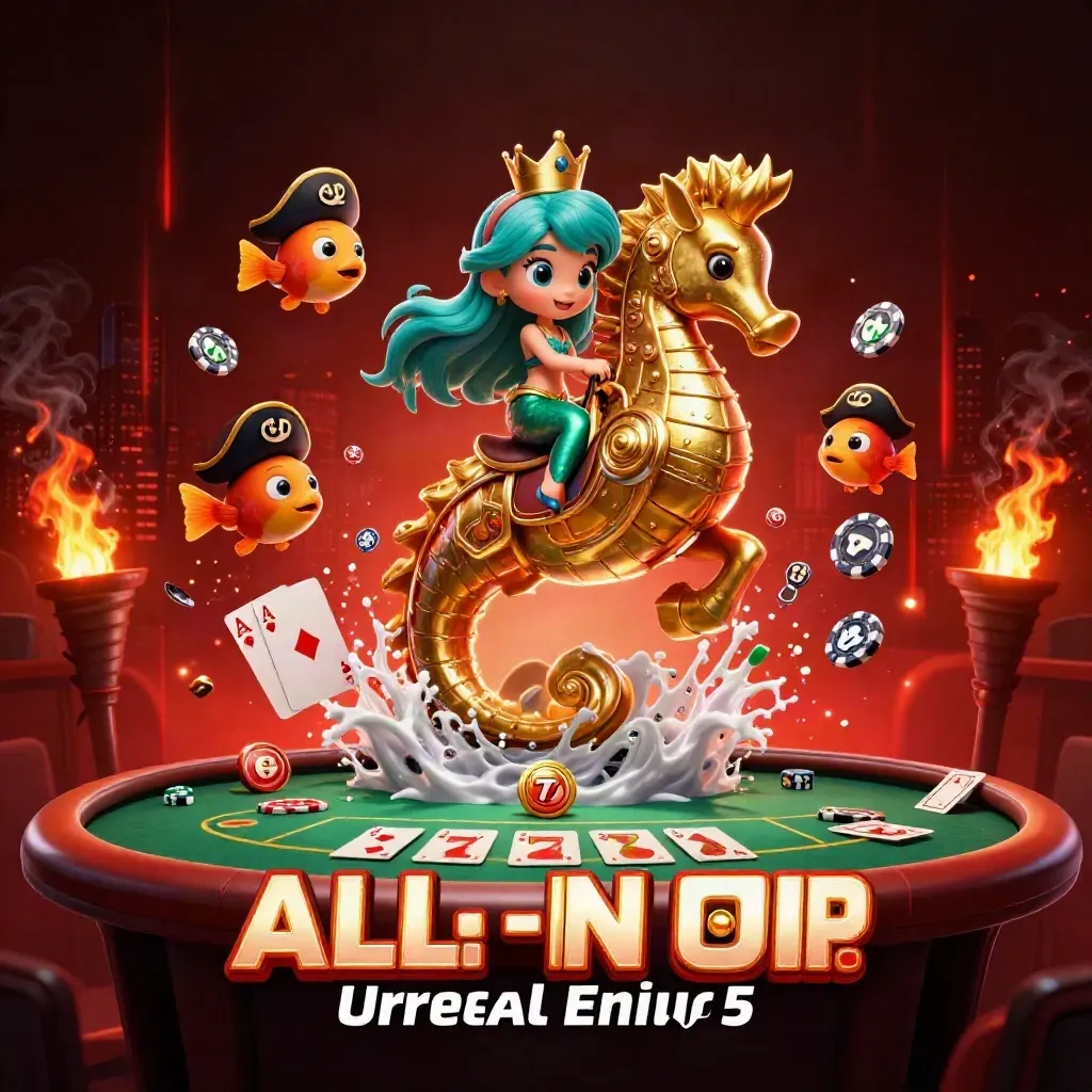 Mermaid princess on armored seahorse amid casino cards, chips, reels and fiery neon glow.