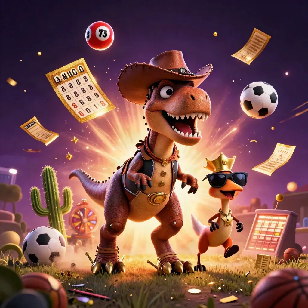 Cowboy T-Rex, cactus and roadrunner amid casino props, flying balls and glowing light