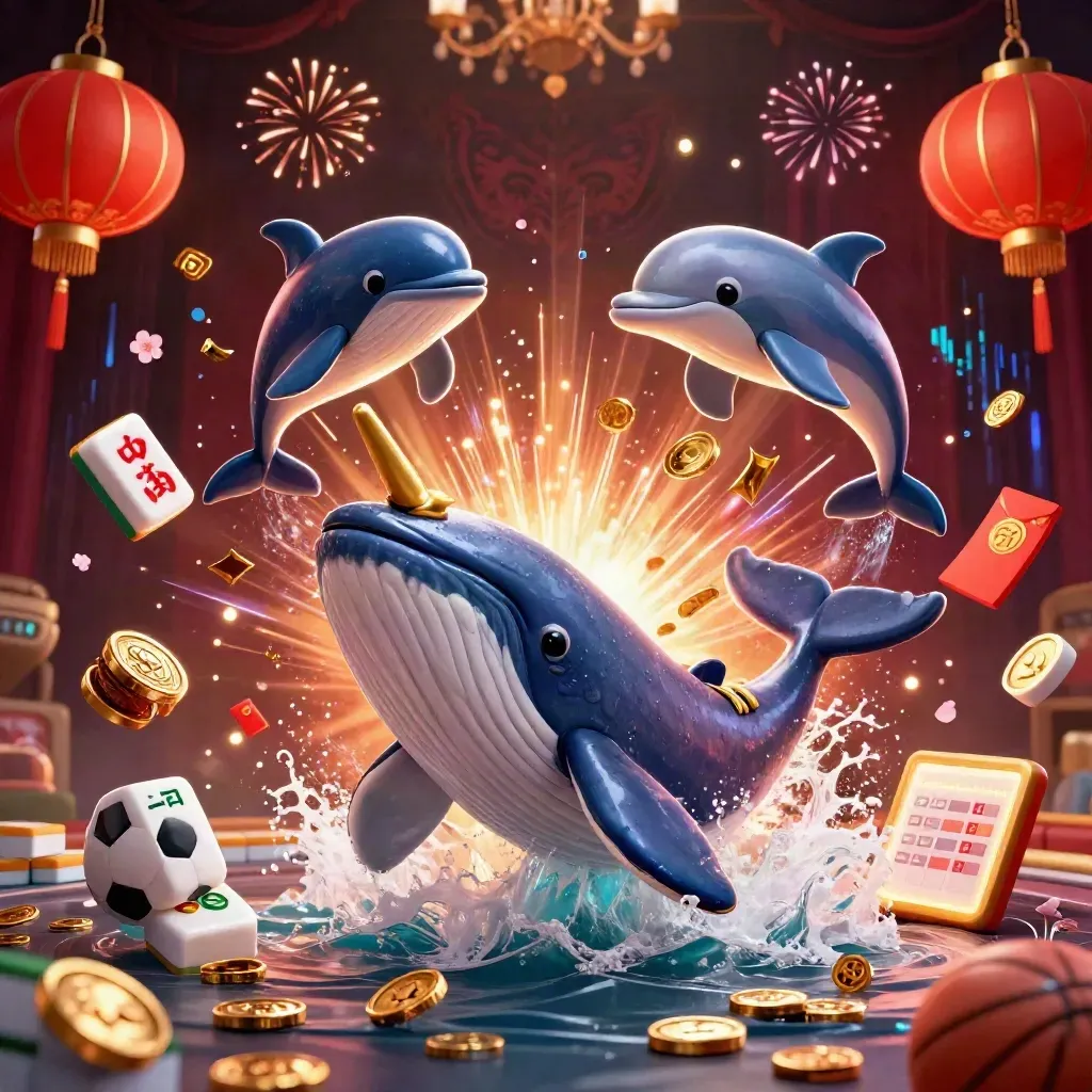 Whale, narwhal and dolphins burst through coins with sports balls, lanterns and gold casino lights.