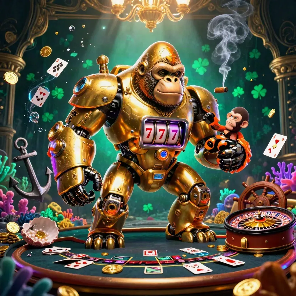 Golden gorilla mech and monkey pilot amid underwater casino treasure, glow, cards, and a spinning wheel