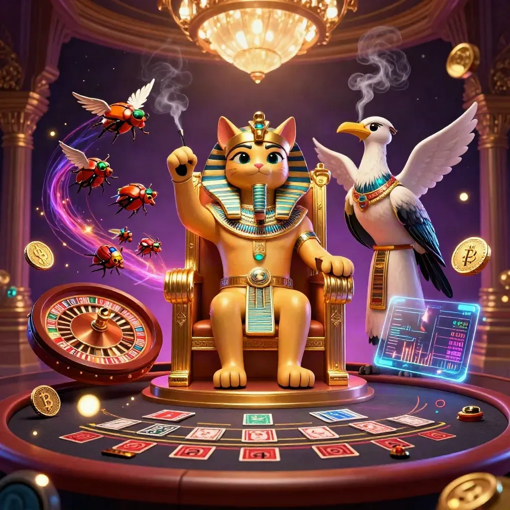 Pharaoh cat, ibis scribe, gem-winged scarabs, casino riches, glowing lights, and a roulette wheel.