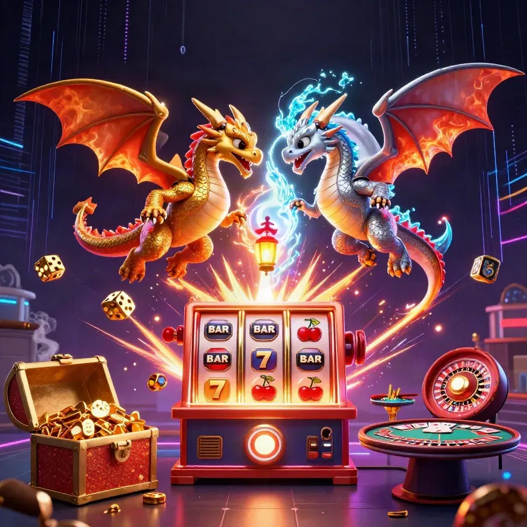 Twin gold and silver dragons swirl through casino loot, a jackpot slot machine, dice, cards, and glowing energy.