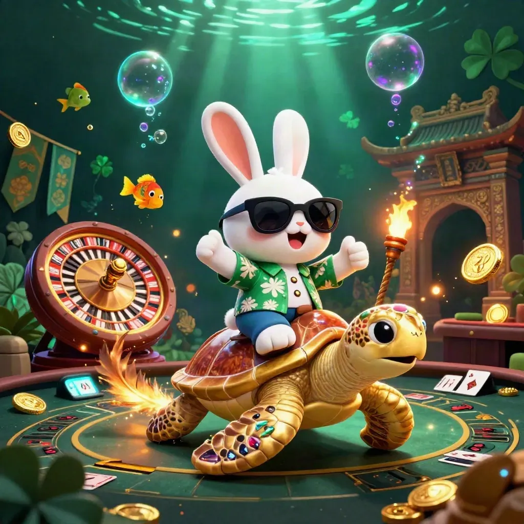 Rabbit and sea turtle casino fantasy with glowing lights, coins, fish, and a spin wheel