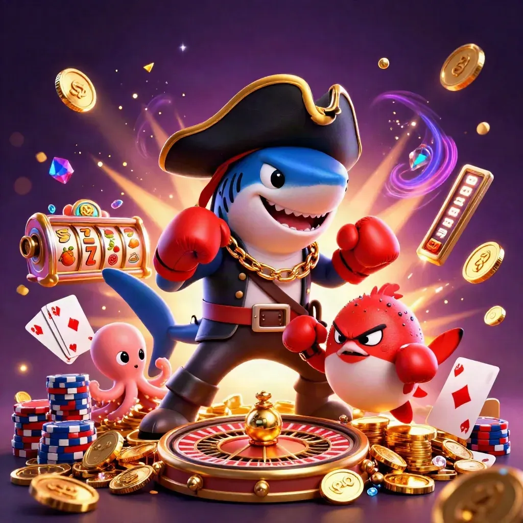 Pirate shark, boxing pufferfish, and juggling octopus amid casino coins and glowing gems.