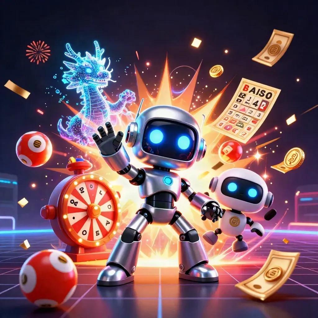 Cyberpunk robot, holographic dragon, and coin drone explode with casino treasures on a neon grid.