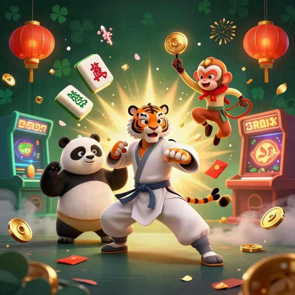 Tiger master, panda disciple, and monkey student amid casino-style lucky bursts