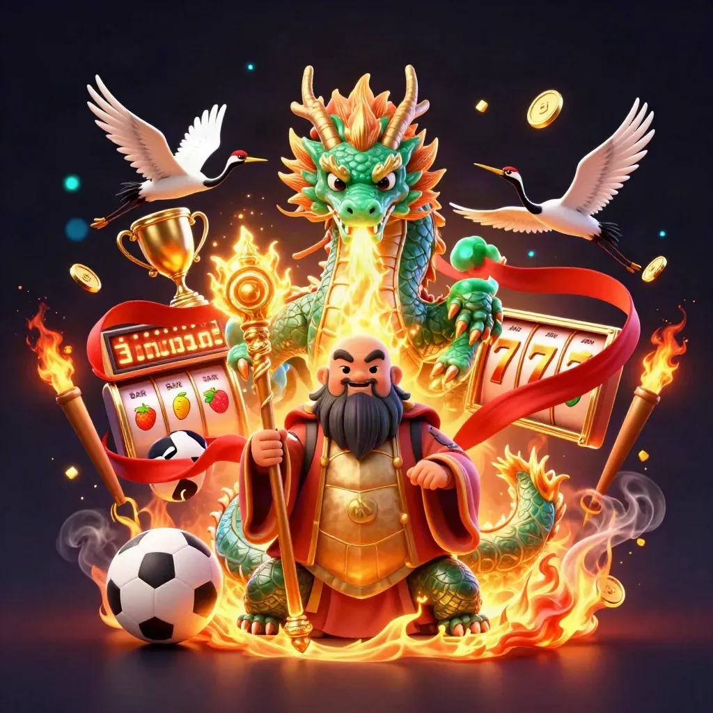 Jade dragon, turtle sage, and cranes burst through casino effects with gold fire and sports icons.