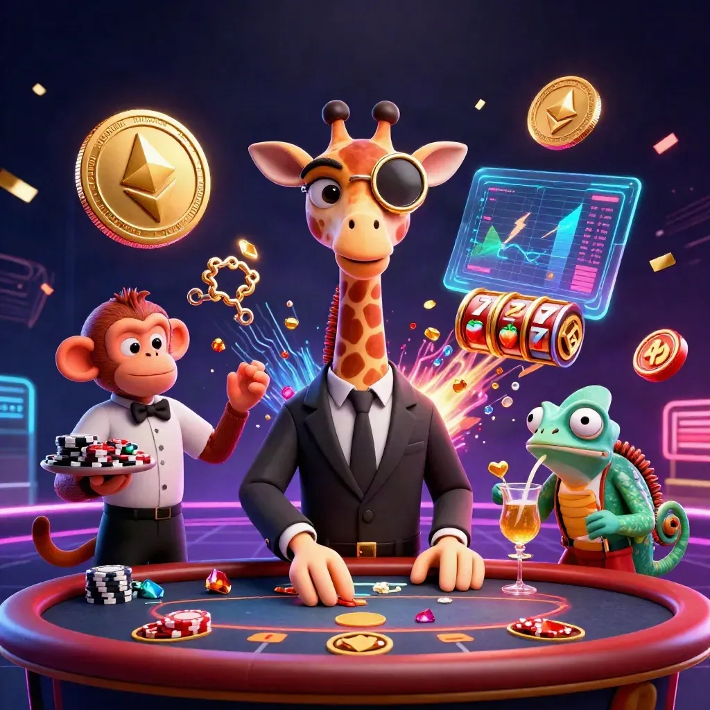 Giraffe, monkey valet, and chameleon bartender amid coins, lightning, gems, and casino glam.