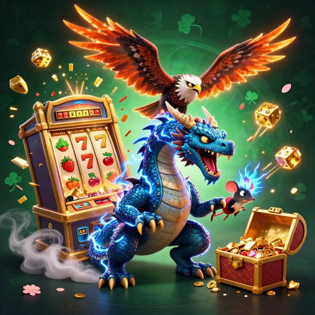 Thunder dragon, wind hawk, and static mouse amid bursting slot machine, gold, gems, and lightning.