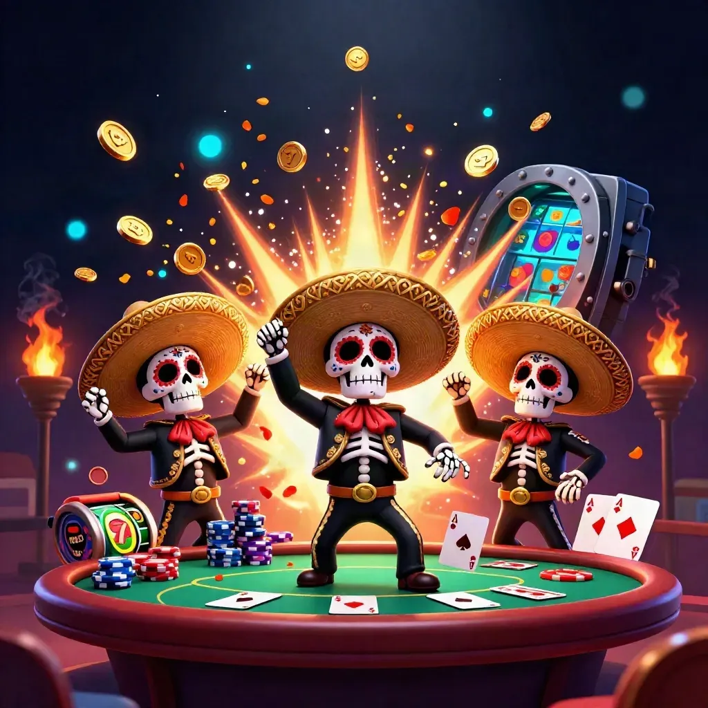 Skeleton mariachi trio amid coins, cards, chips, fire, and neon casino effects