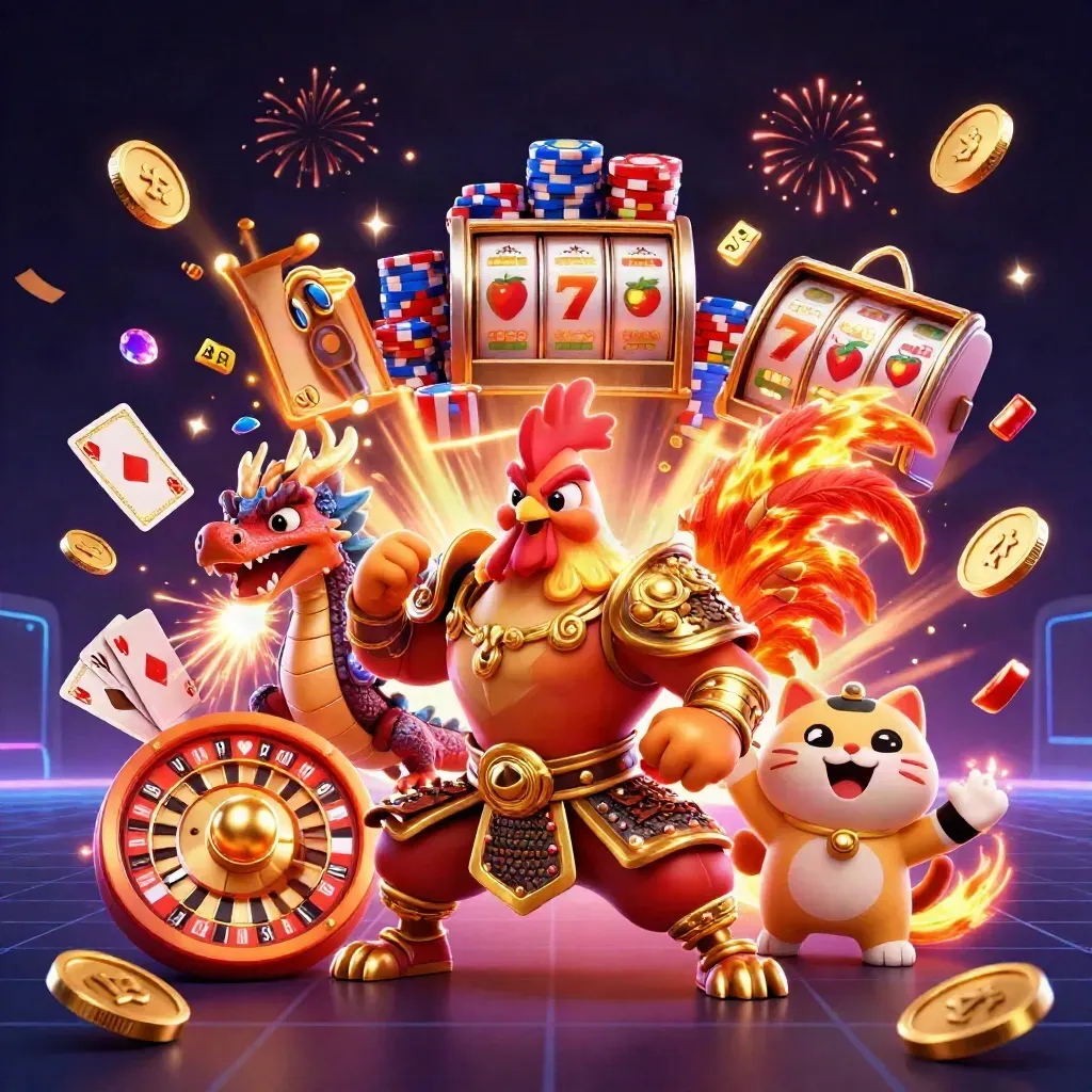 Rooster warrior, dragon hatchling, and fortune-cat amid coins, chips, roulette, fireworks, and sparks.