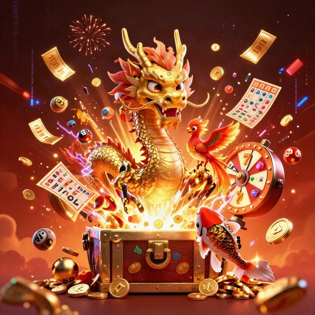Golden dragon, phoenix, koi and casino prizes explode in fiery neon treasure burst.