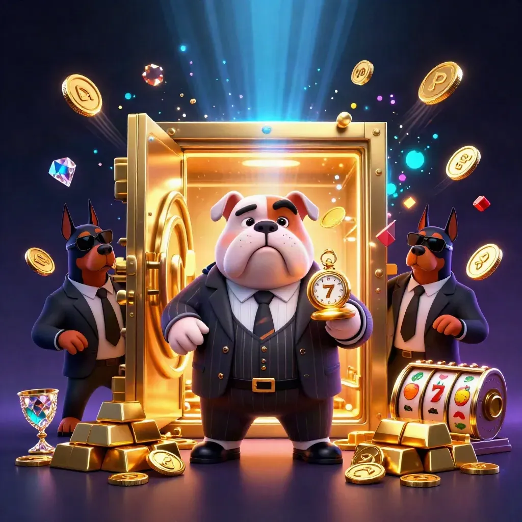 Bulldog boss and Dobermans amid exploding vault, gold coins, gems, and neon casino glow.