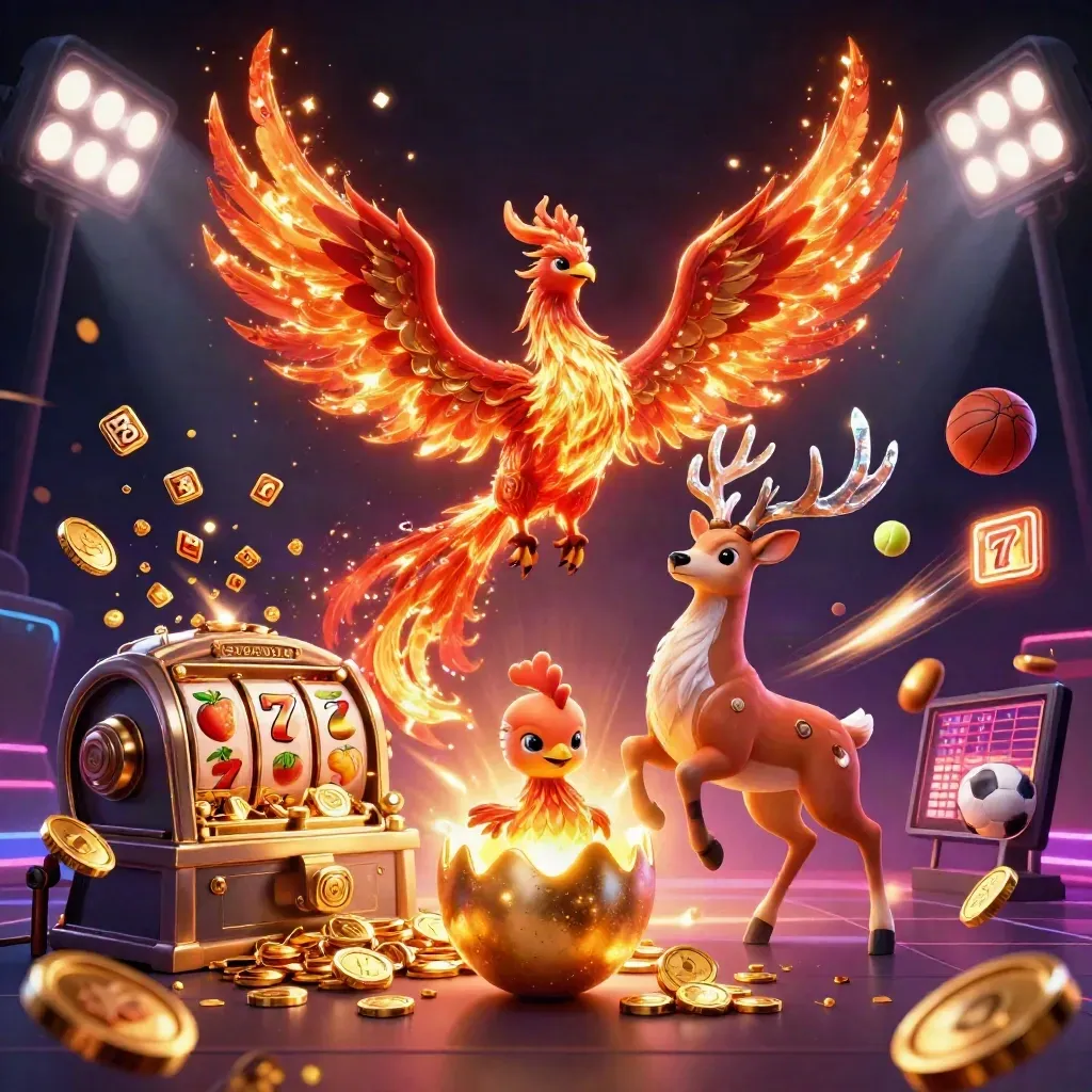 Phoenix, stag and hatchling erupt amid coins, reels, trophies and sports balls on a neon casino backdrop.