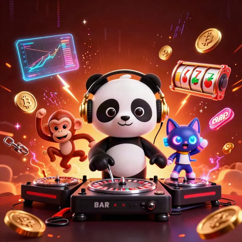 DJ panda, breakdancing monkey, and rave kitten amid casino coins, reels, lightning, and ember glow.