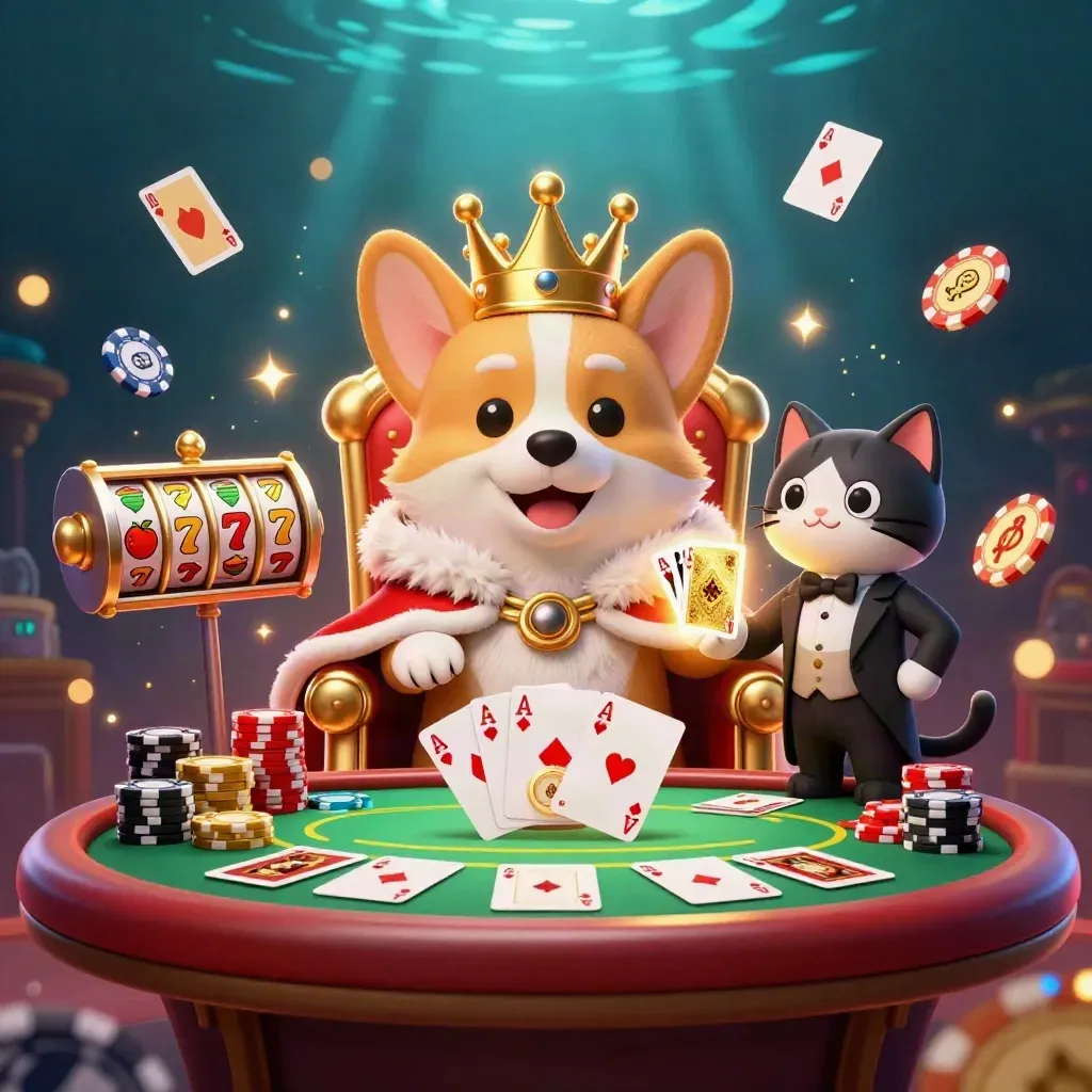 Royal corgi and cat butler amid chips, cards, reels, and orange-gold casino glow.