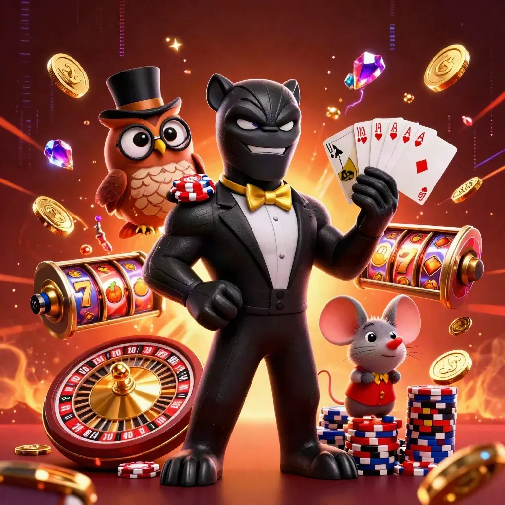 Panther, owl and mouse casino heroes amid coins, chips, cards and fiery neon energy