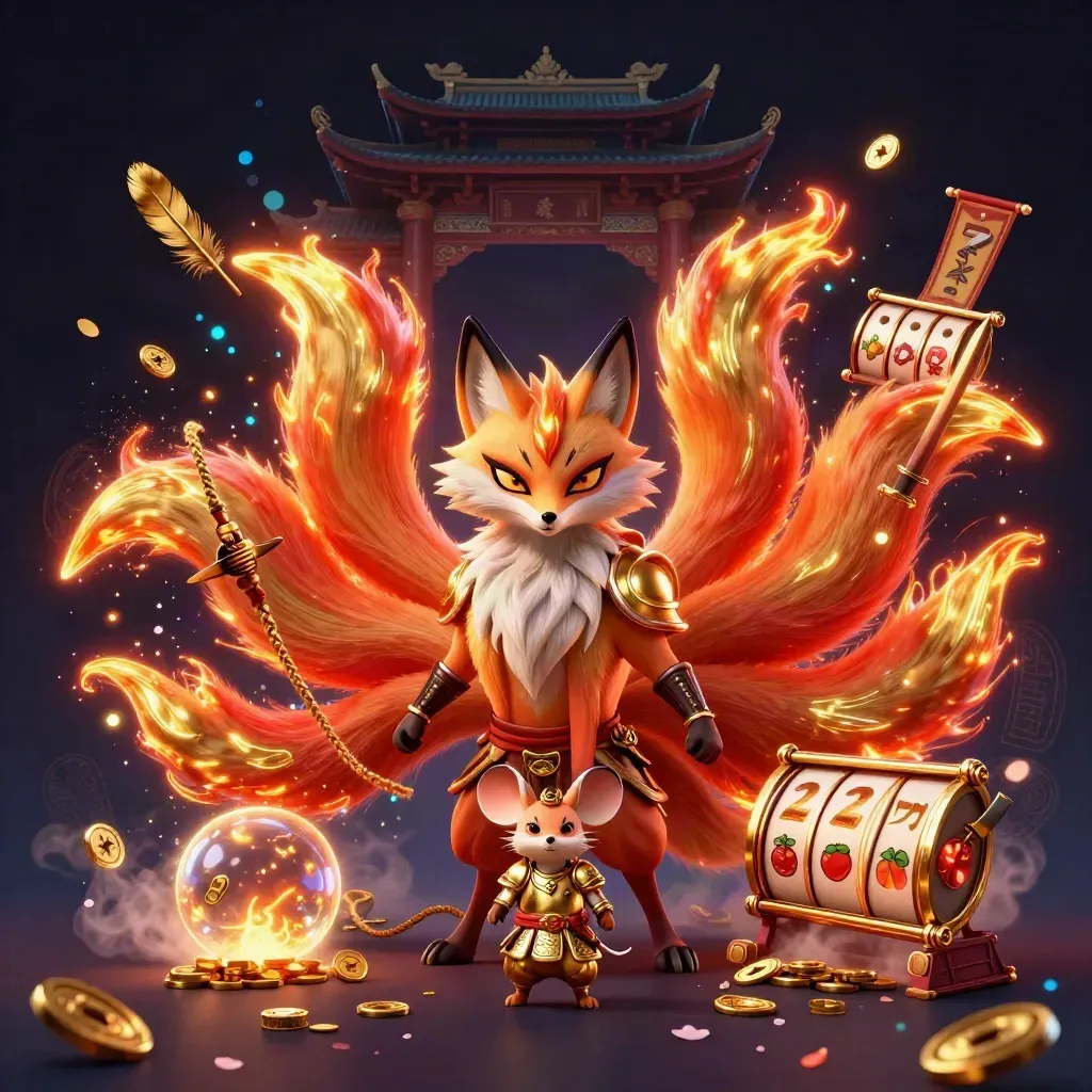 Nine-tailed fox spirit with gold-armoured mouse, coins, runes, and casino slot symbols in neon glow