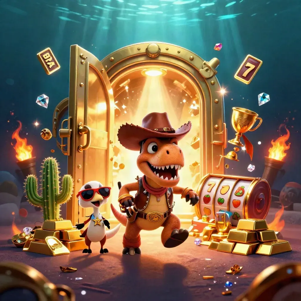 Cowboy T-Rex, cactus sidekick, and sheriff roadrunner burst from a golden vault with casino treasure.