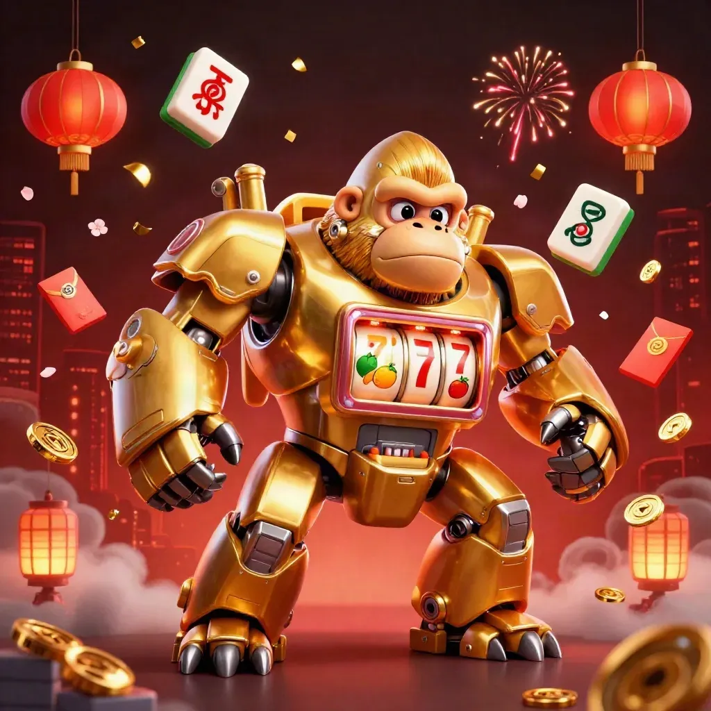 Golden gorilla mech with tiny monkey pilot, spinning reels, coins, lanterns, and neon casino sparks.