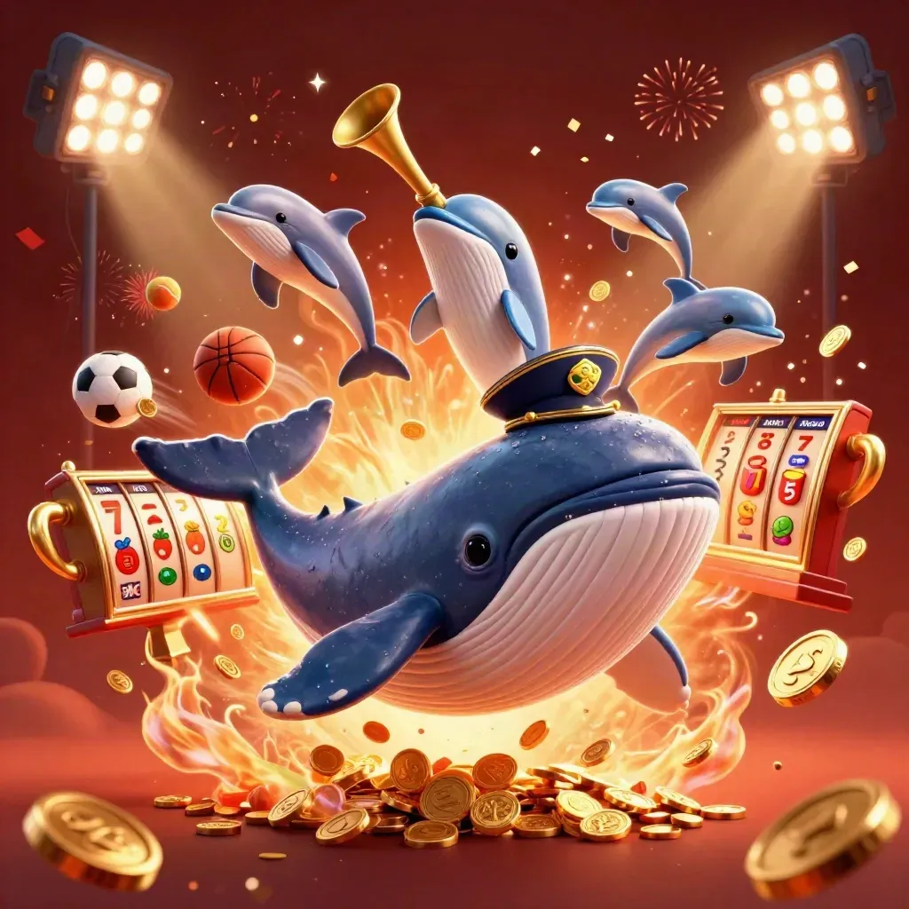 Whale captain, narwhal, and dolphins amid casino coins, slots, sports balls, and fireworks